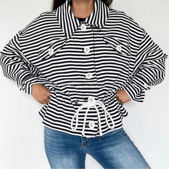Women's Cabi Harbor Nautical Jacket in Navy Blue and White Stripes Size L - Picture 1 of 12